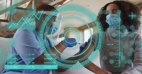 Home vaccination clinician administering injection with teal digital hud overlay