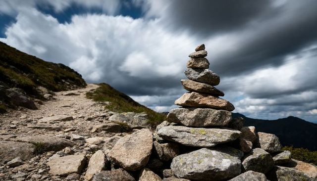 Stone cairn marking rugged alpine trail beneath dramatic storm clouds on mountain ridge