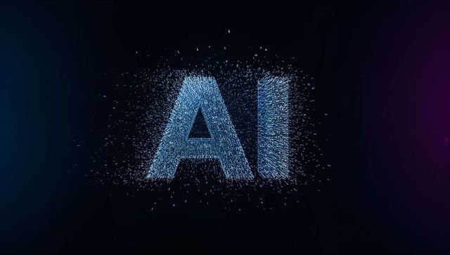 Forming AI letters with glowing particle trails and digital data fragments