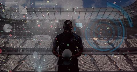 Rugby player holding ball with digital effects in stadium celebrations