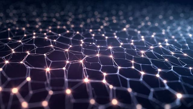 Glowing neural mesh network with luminous nodes and interconnected hexagonal lattice pattern