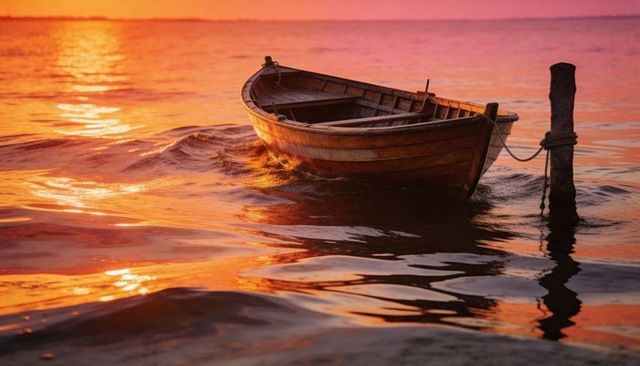 Floating wooden rowboat glowing in golden sunset over calm reflective water