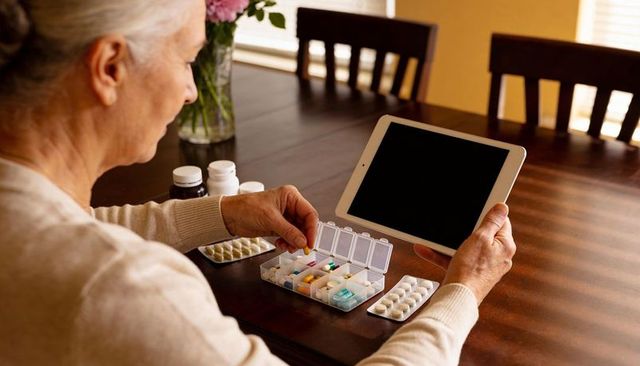 Senior woman sorting medication with tablet and pill organizer at sunlit dining table