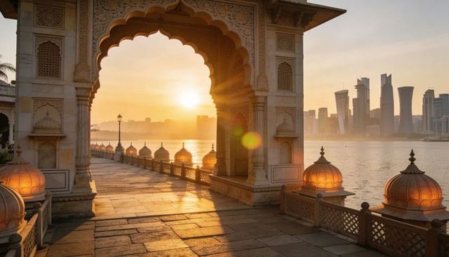 Sunset through carved marble arch revealing waterfront promenade and modern skyline