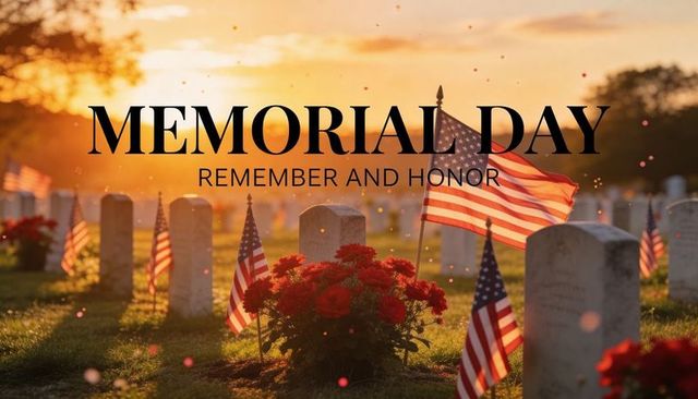 Memorial day tribute at military cemetery with american flags, red flowers, sunset