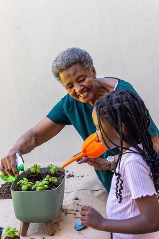 African grandmother guiding granddaughter planting herbs and watering seedlings together