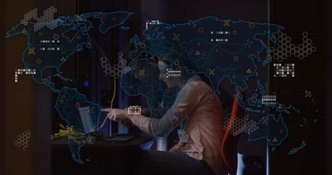 Businesswoman managing digital network with global map overlay