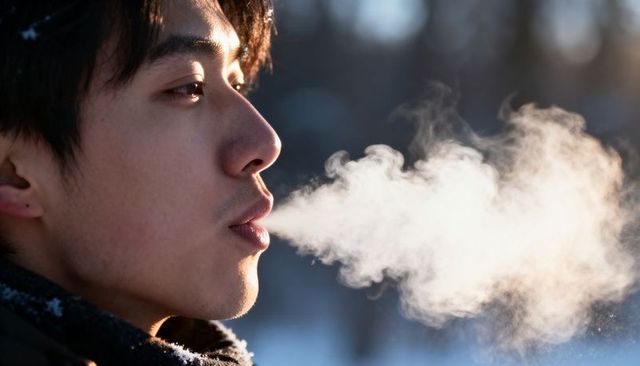 Young man exhaling visible breath in snowy park close-up side profile portrait