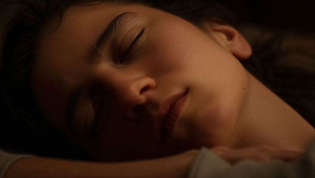 Sleeping woman in warm soft light close-up serene intimate bedtime portrait