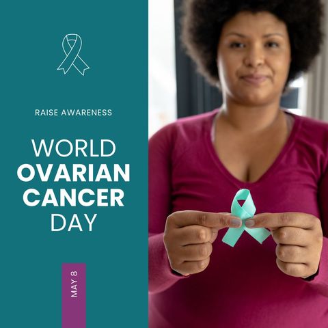 World Ovarian Cancer Day Awareness with Woman Holding Teal Ribbon