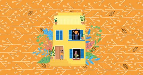 Illustration of happy family in bright yellow house design