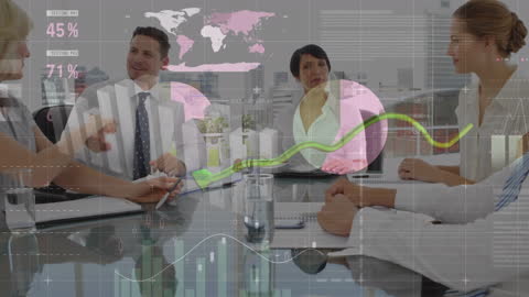 Business Team Analyzing Data with Global Statistics Overlay