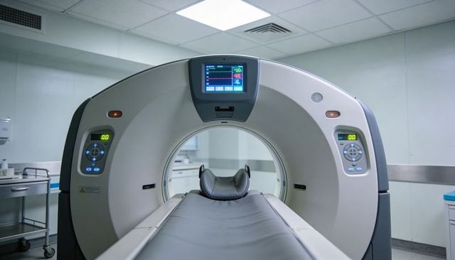 Modern ct scanner gantry in sterile hospital radiology suite with patient table and monitor