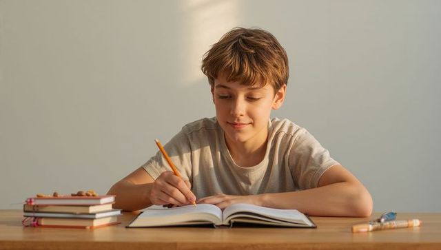 Sunlit boy writing in notebook at tidy desk, focused studying and homework routine