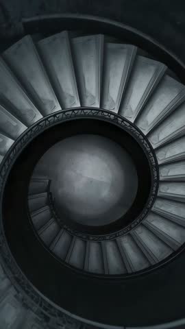 Vertical spiral stone staircase zooming and rotating over concentric rings