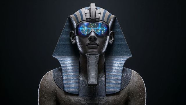 Futuristic pharaoh wearing ar goggles and striped nemes, cyber-egyptian stone bust