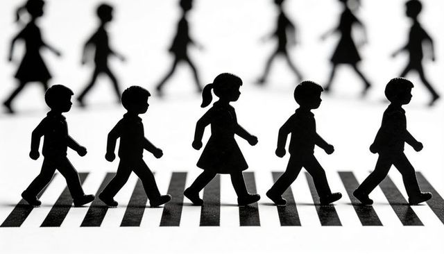 Children walking across striped crosswalk silhouettes monochrome pedestrian safety concept