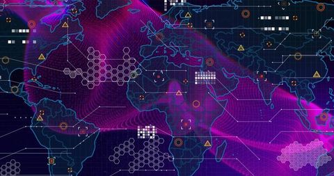 Visualizing global cyber network with neon magenta mesh and hud overlay for data analytics