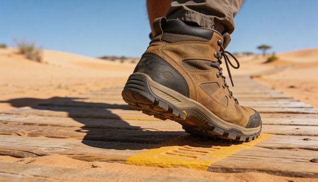 Stepping hiking boot walking desert boardwalk crossing sandy dune with yellow stripe