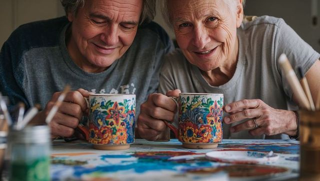 Senior couple holding floral mugs while sharing cozy painting session at home art table