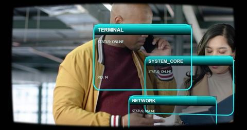 Colleagues collaborating at transit concourse with augmented ui overlays and mobile devices