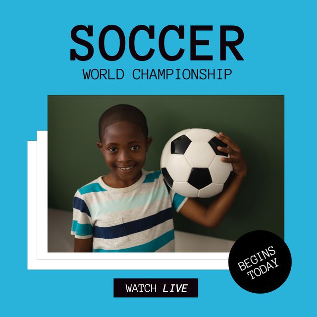 Composition of soccer world championship text with african american boy holding ball. Soccer championship and celebration concept digitally generated image.