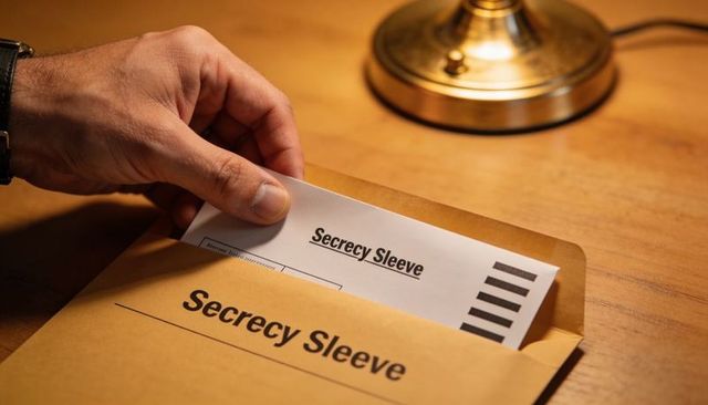 Hand Sliding Confidential Document into Secrecy Sleeve Envelope on Wooden Desk Lamp