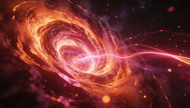 Glowing cosmic vortex pulling magenta energy filament through spiral wormhole nebula