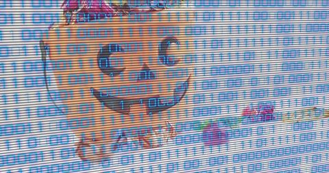 Whimsical crowned orange character mural on metal shutter with blue binary overlay