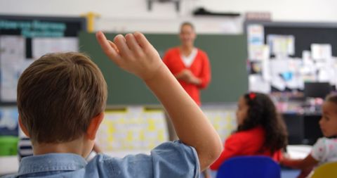 Schoolboy Raising Hand in Classroom Engaging with Teacher - Download Free Stock Images Pikwizard.com
