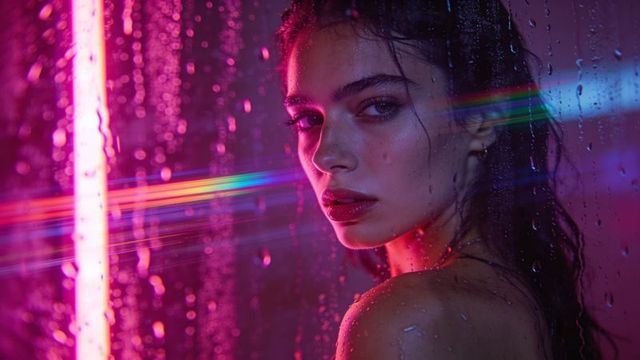 Wet-haired model turning over shoulder through neon rain on glass — cinematic magenta-blue portrait