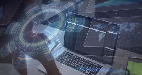 Cybersecurity analytics laptop with futuristic hud overlays, analyst analyzing code