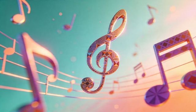 Floating ornate treble clef with metallic geometric pattern and glowing musical notes