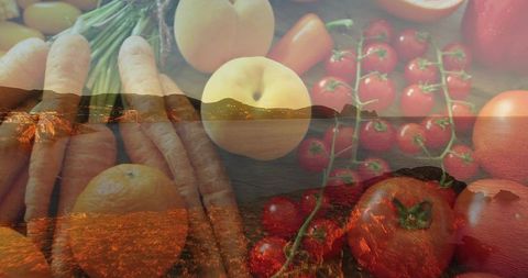 Surreal coastal produce blend at golden hour featuring carrots, tomatoes and citrus