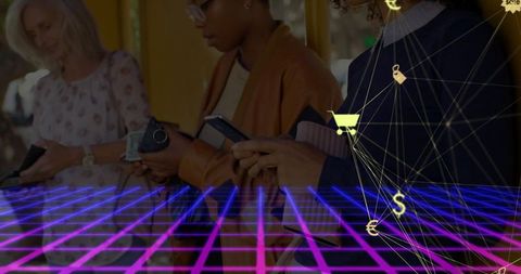 Women commuters engaging with smartphones, neon financial icons overlay