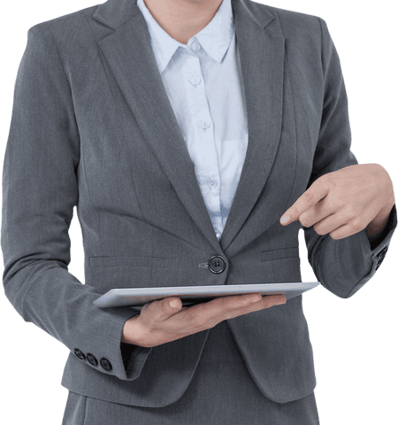 Transparent Woman in Suit Holding Digital Tablet Communicating Business Concept