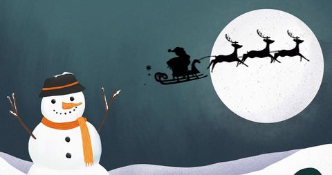 Santa's Sleigh Passing Full Moon with Snowman Greeting - Download Free Stock Images Pikwizard.com