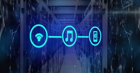 Futuristic connectivity data stream in modern server room