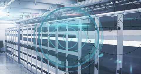 Innovative Server Room Corridor with Technology Interface Overlay