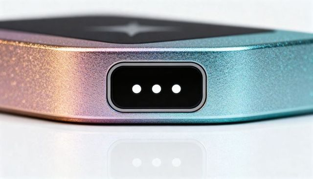 Iridescent smart device showing triple led module on glossy white surface, minimalist sleek