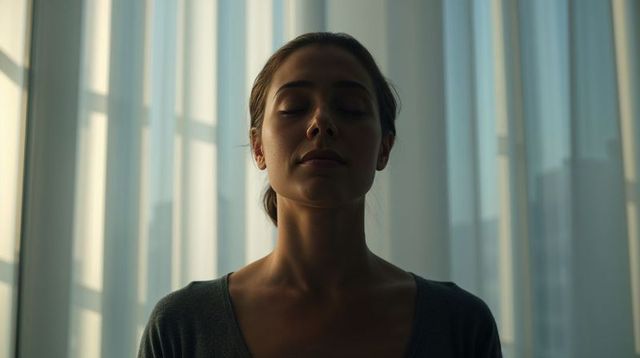 Young woman meditating with eyes closed in soft backlit interior by sheer curtains