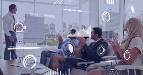 Business team reviewing financial data virtual panels office