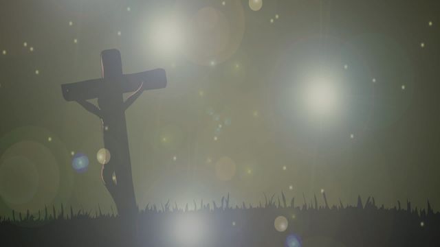 Silhouette of a Christian cross standing on grassy land combined with ethereal lights resembling stars against a dark background creates a calming spiritual ambiance. Ideal for use in religious studies, church cards, sermon backdrops, inspirational stories, or faith-based content on social media platforms.