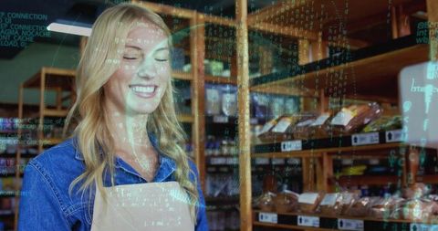 Smiling bakery clerk using digital inventory overlay in rustic bread shop interior