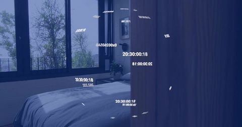 Minimalist bedroom queen bed gray duvet with floating timecode projections in daylight