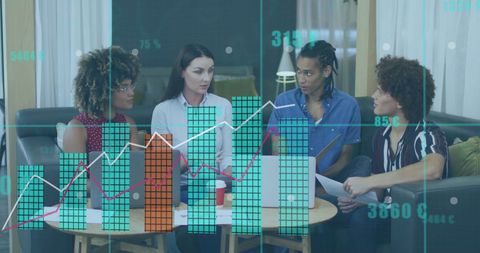 Diverse Team Discussing Financial Strategies with Data Overlay