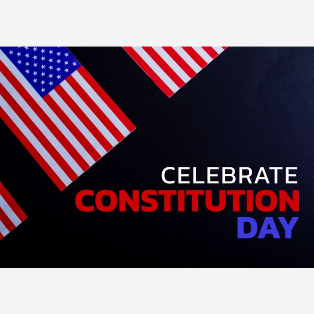 Image of celebrate constitution day over black background with flags of usa. American culture, patriotism and celebration concept.