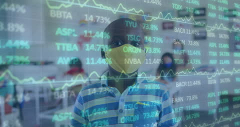 Young Student with Face Mask Amidst Stock Market Animation