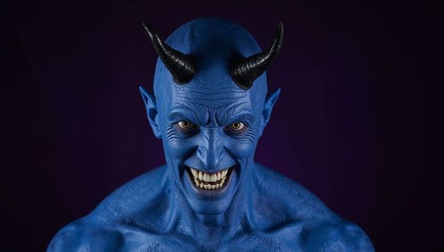 Detailed Blue Demon Bust with Black Horns and Fierce Expression