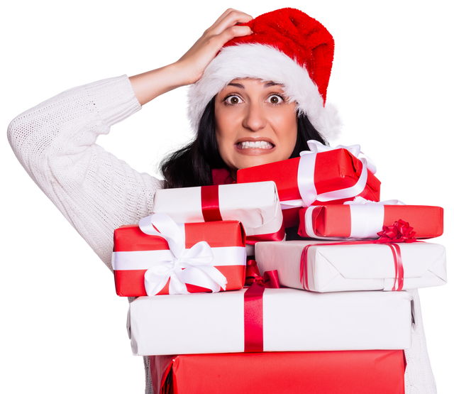 Stressed Woman in Santa Hat Holding Many Gift Boxes, Transparent Background - Download Free Stock Videos Pikwizard.com